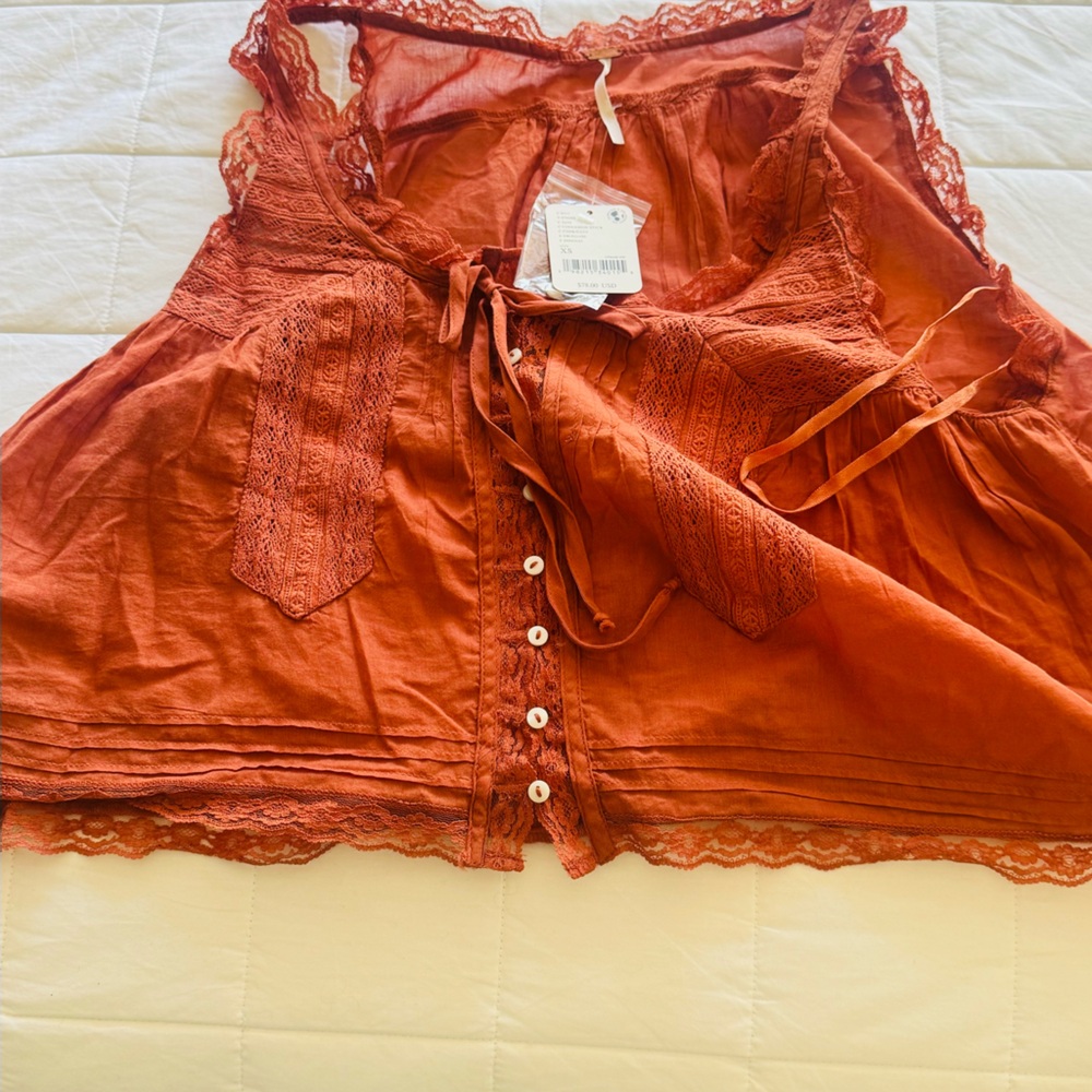 Free People Rust Red Lace-Trim Crop Tank